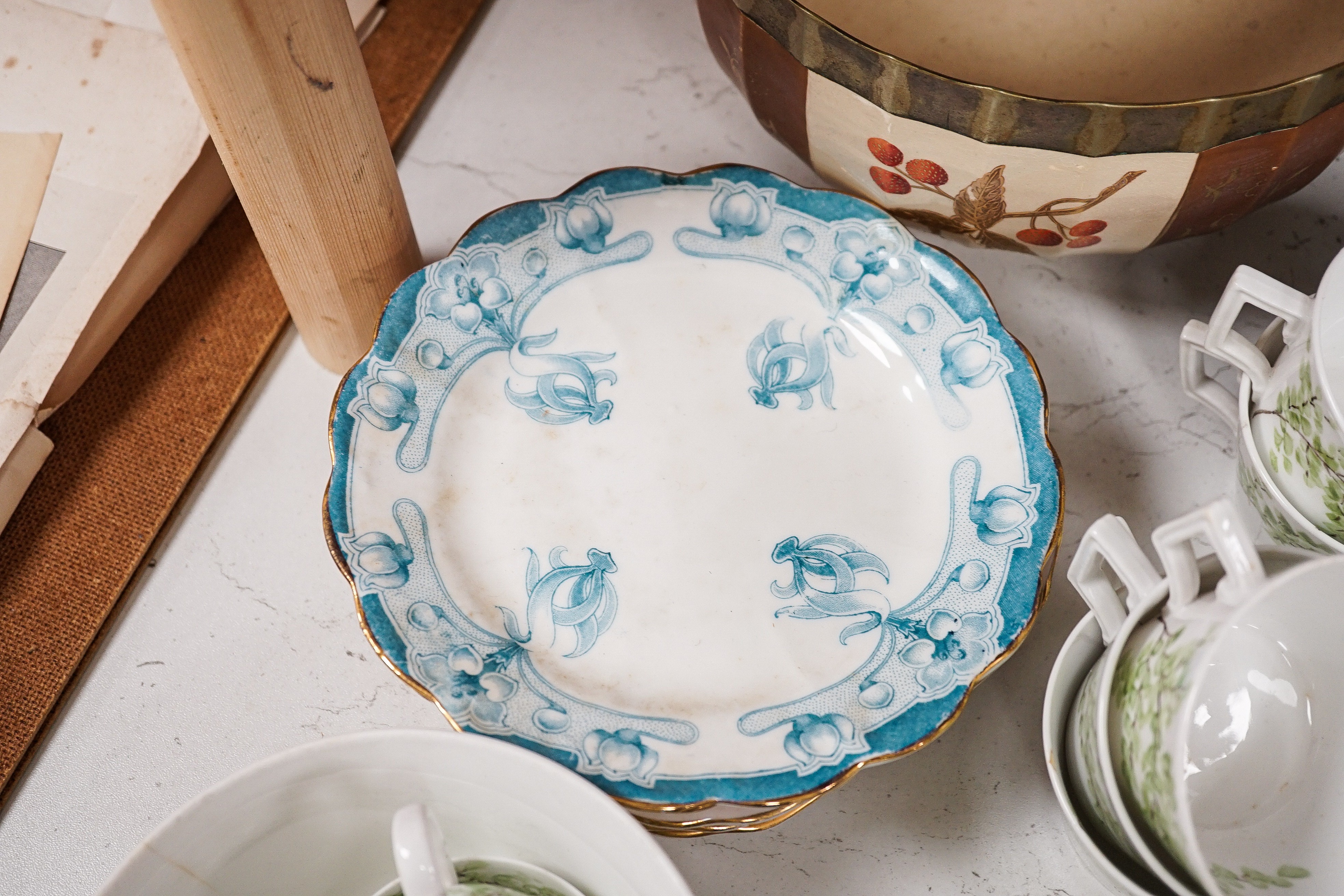 A 19th century enamel pottery jardiniere, Chinese jar and cover, a Copelands hand painted tea set, 2 blue and white meat platters, a Imari style cup and saucer etc. Jardiniere 19 cms, high.